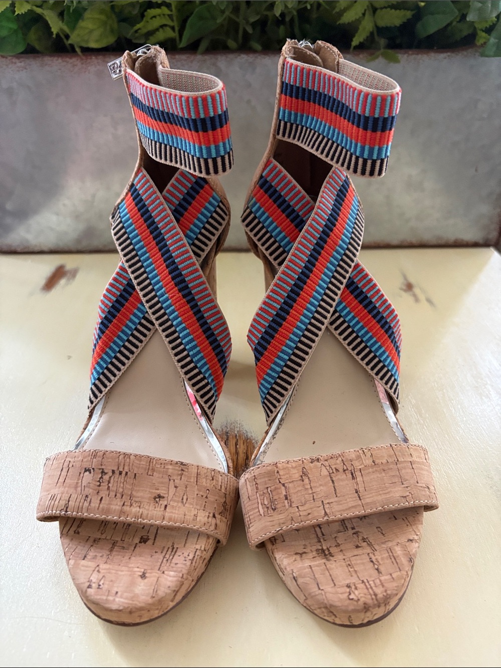 Jessica Simpson Boho multicolor elastic Strappy Sandals Chunky cork heels Size 7